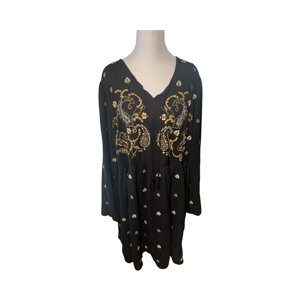 Dex Black Embroidered Boho Babydoll Dress‎ Gold Paisley Tassels Plus Size 1X